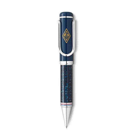 The Montblanc Great Characters Homage to The Great Gatsby Special Edition Ballpoint Pen epitomizes Roaring Twenties sophistication with its sleek dark blue finish, complemented by a silver clip and tip. Embodying opulence akin to The Great Gatsby's era, the pen features a geometric barrel pattern in shades of blue highlighted by a gold emblem near the clip.