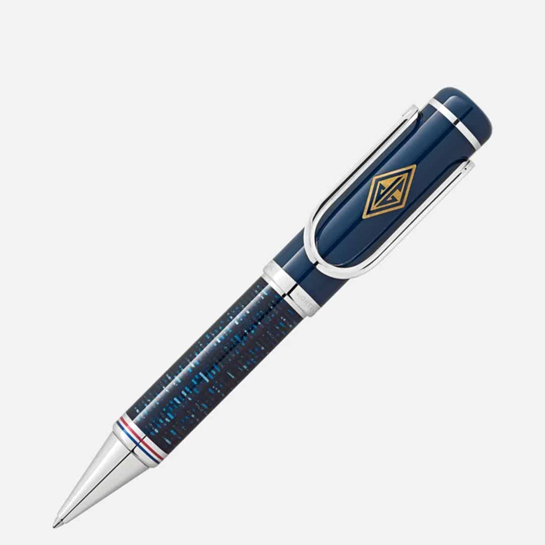 Introducing the Montblanc Great Characters Homage to The Great Gatsby Special Edition Ballpoint Pen, a luxurious blue and silver writing instrument adorned with a gold emblem on the clip. This pen, reflecting the opulent style of The Great Gatsby, features a textured barrel and sleek metallic tip, presented against a light gray background.