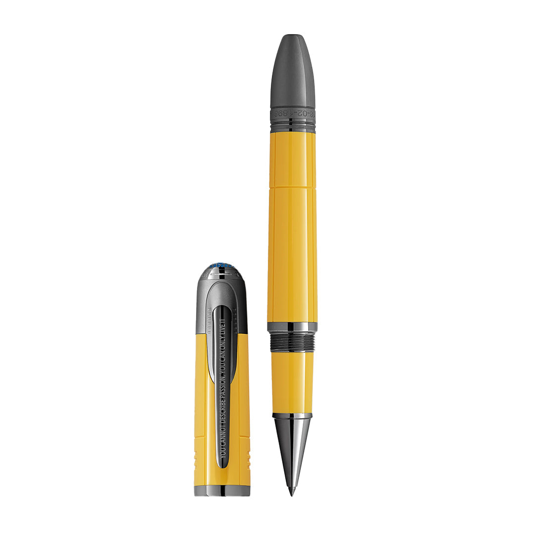 The Montblanc Great Characters Enzo Ferrari Special Edition Giallo Modena Rollerball Pen stands upright with a separate cap featuring a detailed clip, inspired by the sleek, modern design reminiscent of Enzo Ferrari's iconic style.