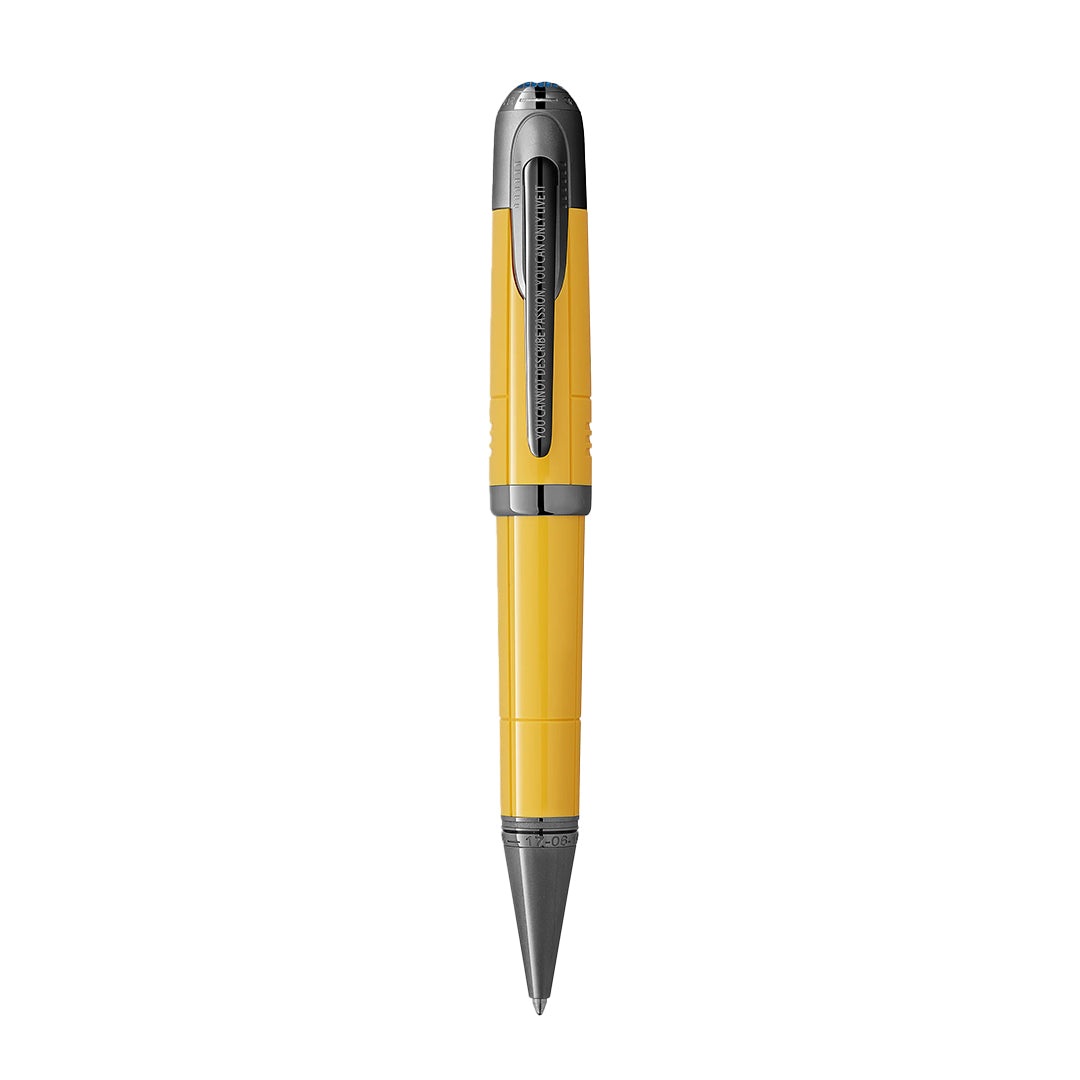 The Montblanc Great Characters Enzo Ferrari Special Edition Giallo Modena Ballpoint Pen, a tribute to the racing legend, features a sleek yellow barrel with a shiny silver clip and tip. It is elegantly displayed vertically against a white backdrop.