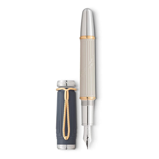The Montblanc Writers Edition Homage to Jane Austen Limited Edition Fountain Pen, a luxury writing instrument adorned with a sleek, silver ribbed cap and gold accents, evokes the elegance of the Regency era. Its intricate detailing paired with the detached matching cap mirrors the sophistication found in Jane Austen's "Pride and Prejudice.