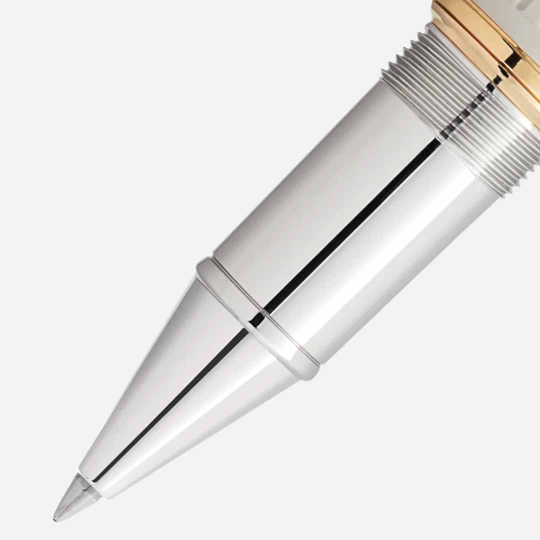 Close-up of a Montblanc Writers Edition Homage to Jane Austen pen tip with a polished metallic finish, typical of the renowned Writers Edition series. The sleek and shiny tip features a gold accent near the top, while the white background highlights its design details, reflecting the elegance of the Regency era.