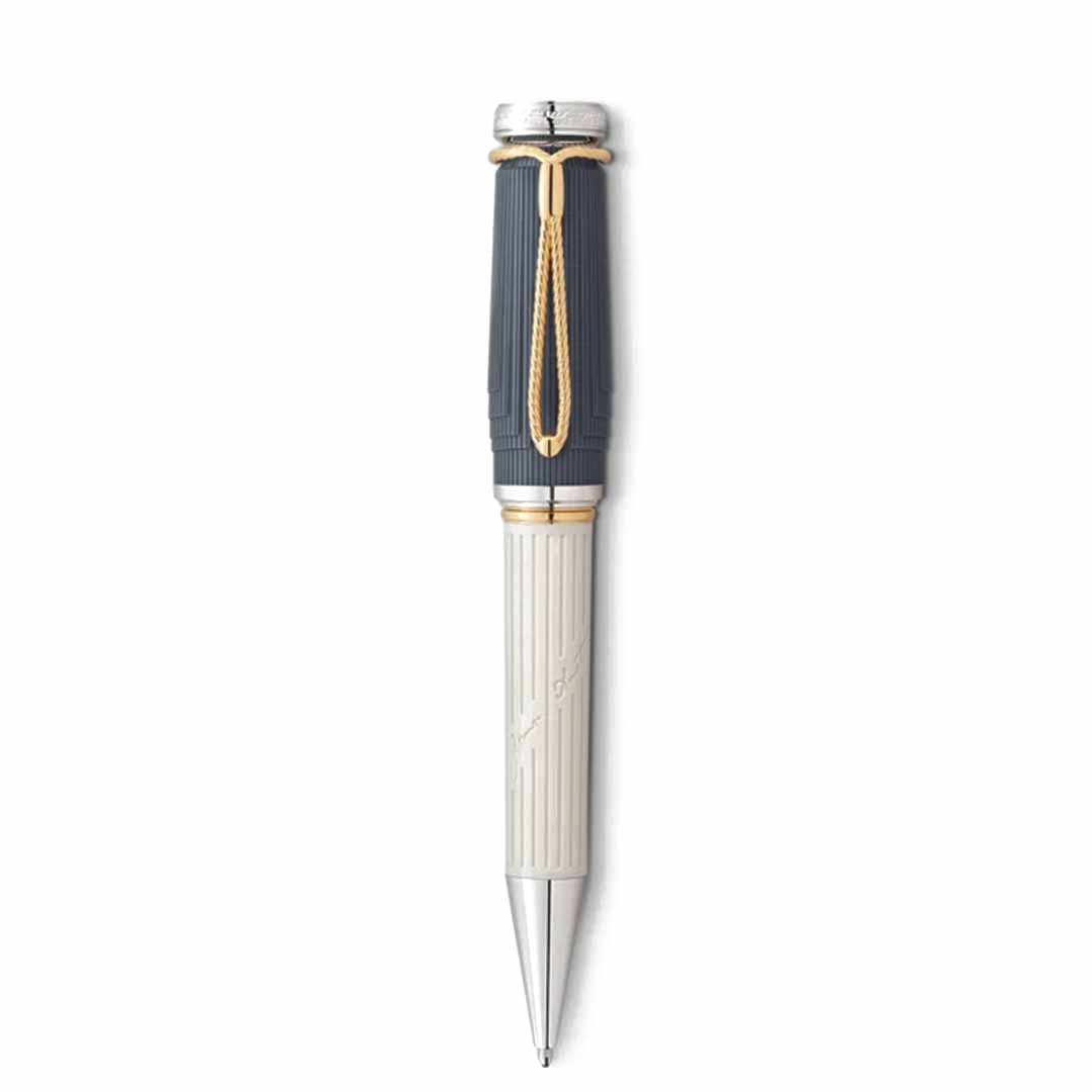 The Montblanc Writers Edition Homage to Jane Austen Pen Limited Edition Ballpoint Pen is an exquisite luxury pen featuring a gray ribbed barrel and a cream-colored lower section, evoking the style of the Regency era. It includes a silver cap and clip with elegant gold accents. This pen from Montblanc boasts intricate detailing and a pointed tip, ideal for composing letters inspired by Jane Austen.