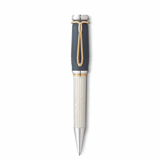 The Montblanc Writers Edition Homage to Jane Austen Pen Limited Edition Ballpoint Pen is an exquisite luxury pen featuring a gray ribbed barrel and a cream-colored lower section, evoking the style of the Regency era. It includes a silver cap and clip with elegant gold accents. This pen from Montblanc boasts intricate detailing and a pointed tip, ideal for composing letters inspired by Jane Austen.