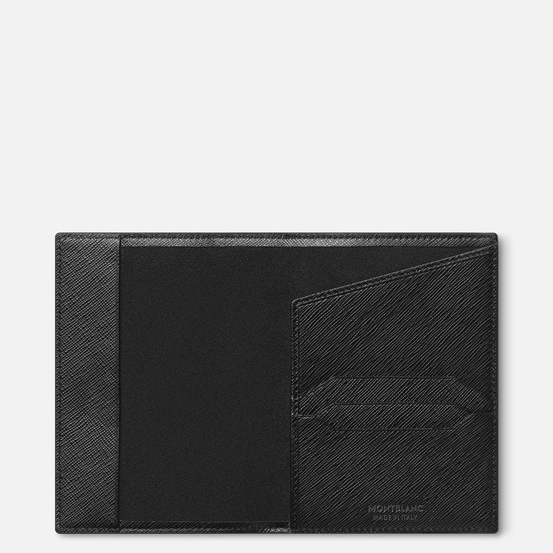 The Montblanc Sartorial Leather Passport Holder is a black leather travel accessory with textured diagonal lines, featuring two card slots and a large pocket on the right plus a plain left panel.