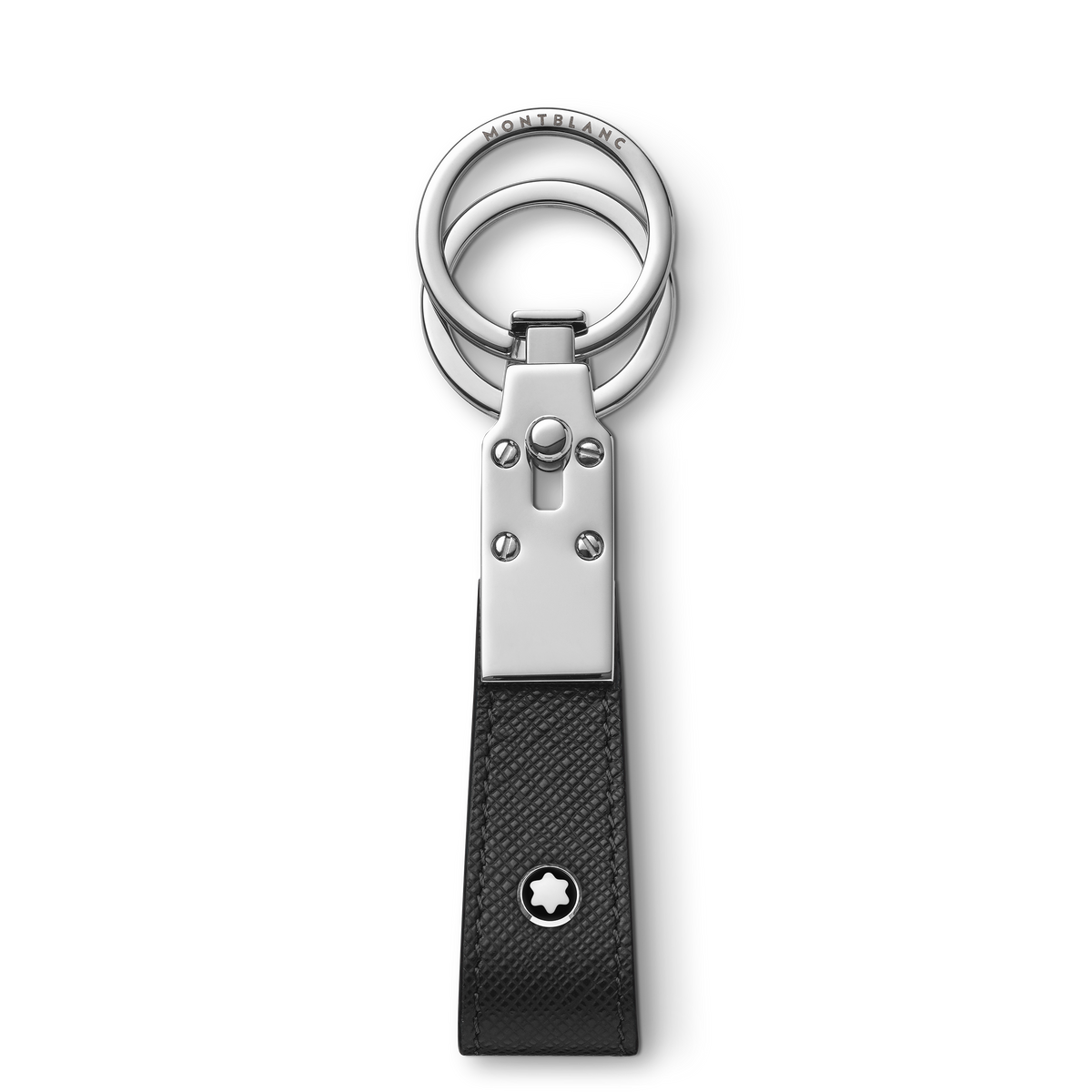Montblanc Sartorial Loop Key Fob Black in full-grain leather featuring a silver metal detachable ring and a small white star emblem.
