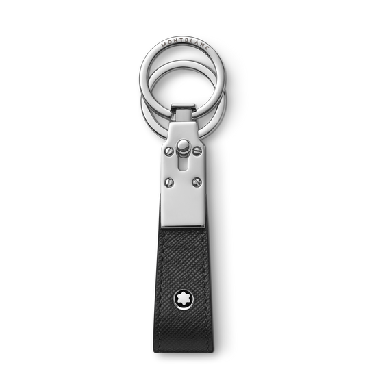 Montblanc Sartorial Loop Key Fob Black in full-grain leather featuring a silver metal detachable ring and a small white star emblem.