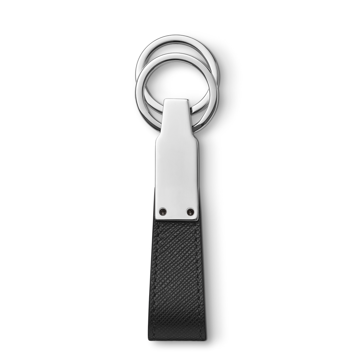 Montblanc Sartorial Loop Key Fob Black in full-grain leather featuring a silver-toned metal attachment and two detachable key rings.