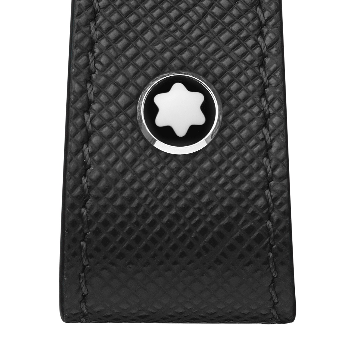 Montblanc Sartorial Loop Key Fob Black in full-grain leather featuring a circular metal emblem with a white six-pointed star and a detachable ring.