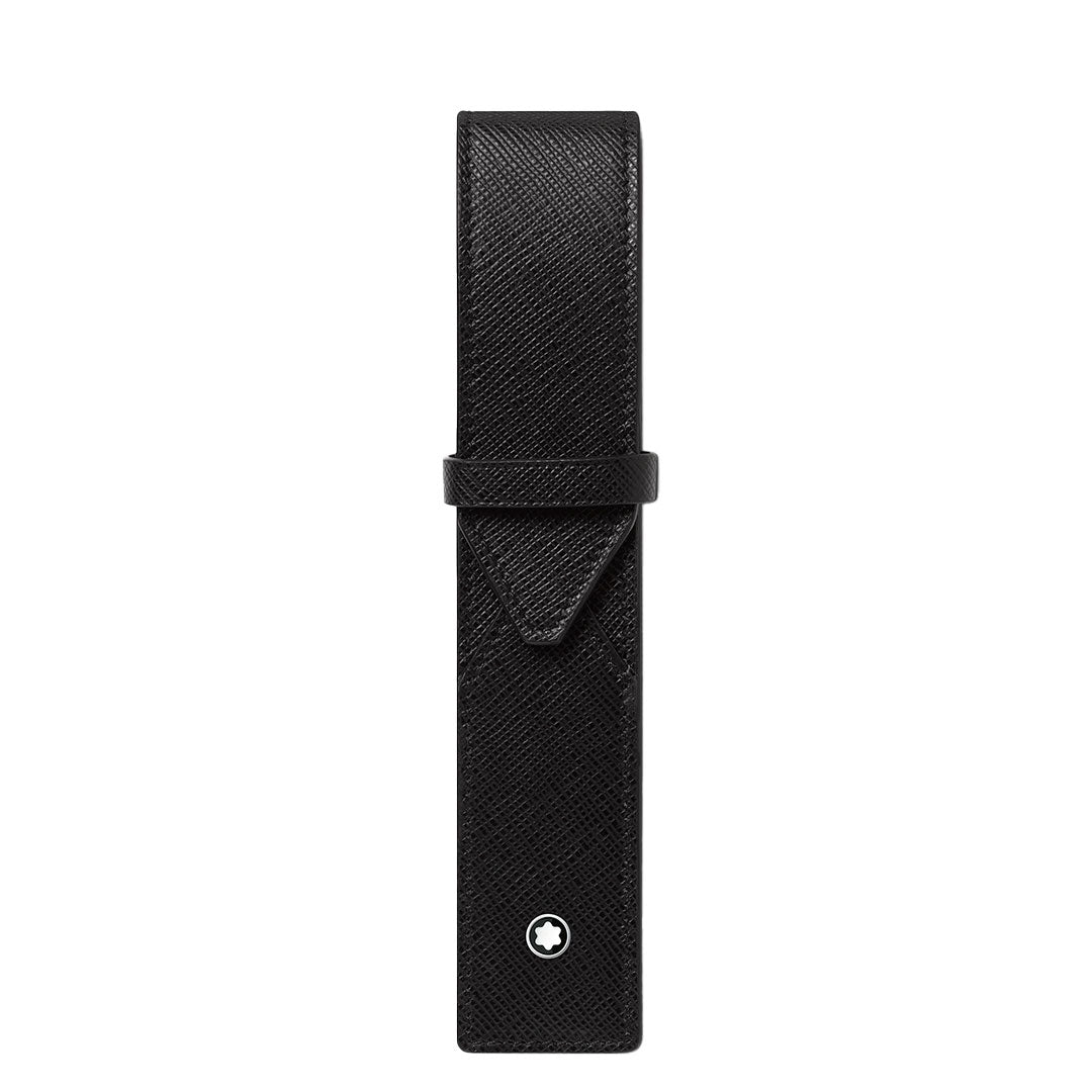 The Montblanc Sartorial 1-Pen Leather Pouch is a black full-grain leather case with a textured finish, flap closure, and features a small white Montblanc emblem near the bottom center.