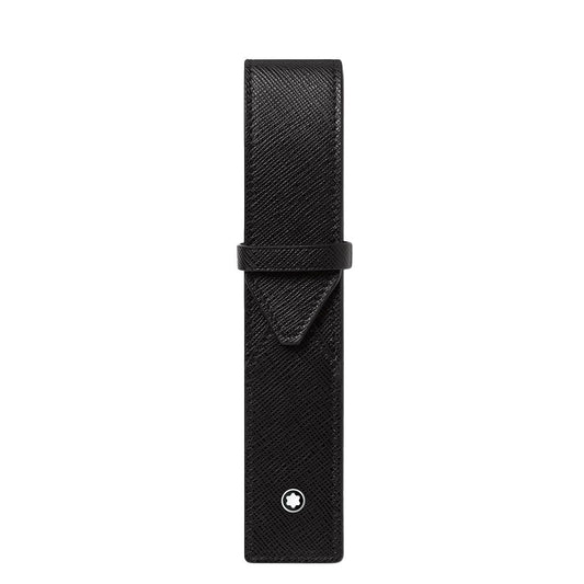 The Montblanc Sartorial 1-Pen Leather Pouch is a black full-grain leather case with a textured finish, flap closure, and features a small white Montblanc emblem near the bottom center.