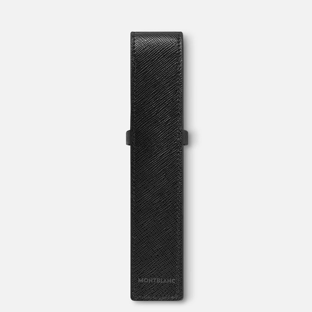 The Montblanc Sartorial 1-Pen Leather Pouch is a black full-grain leather case with a textured finish, flap closure, and the Montblanc logo embossed at the bottom, shown against a white background.