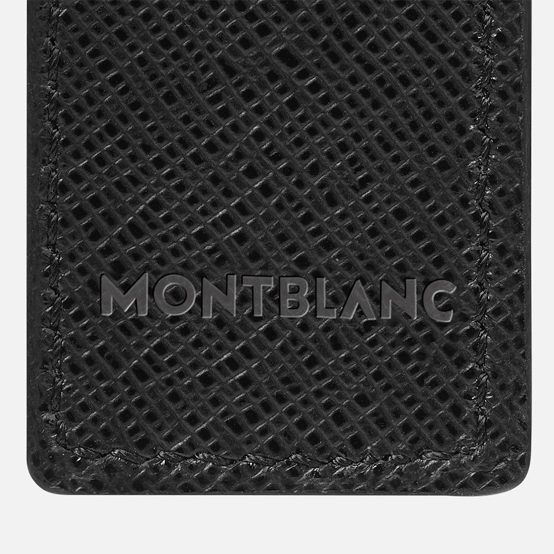 Close-up of the Montblanc Sartorial 1-Pen Leather Pouch in black full-grain leather, featuring "MONTBLANC" embossed near the bottom and visible edge stitching that highlights the pouch's elegant craftsmanship.