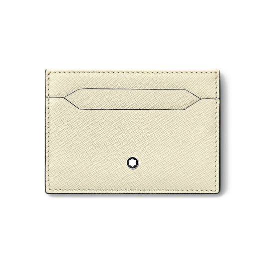 Introducing the Montblanc Sartorial Ivory Leather Card Holder, a minimalist and elegant accessory. Crafted from ivory Saffiano-printed leather with a textured finish, it features two horizontal card slots. Adorning this design is the iconic Montblanc emblem: a black circular motif with a white star at its center.