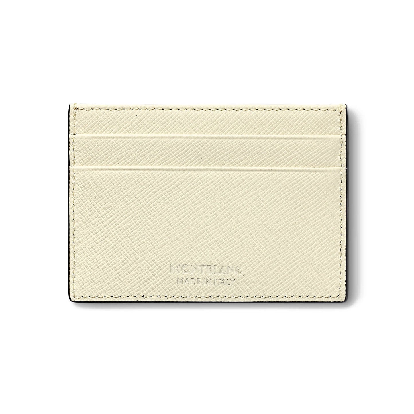 An ivory card holder from the Montblanc Sartorial collection features a saffiano-printed leather design with three card slots on one side. The Montblanc emblem and "MADE IN ITALY" are discreetly embossed near the bottom against a plain white background.