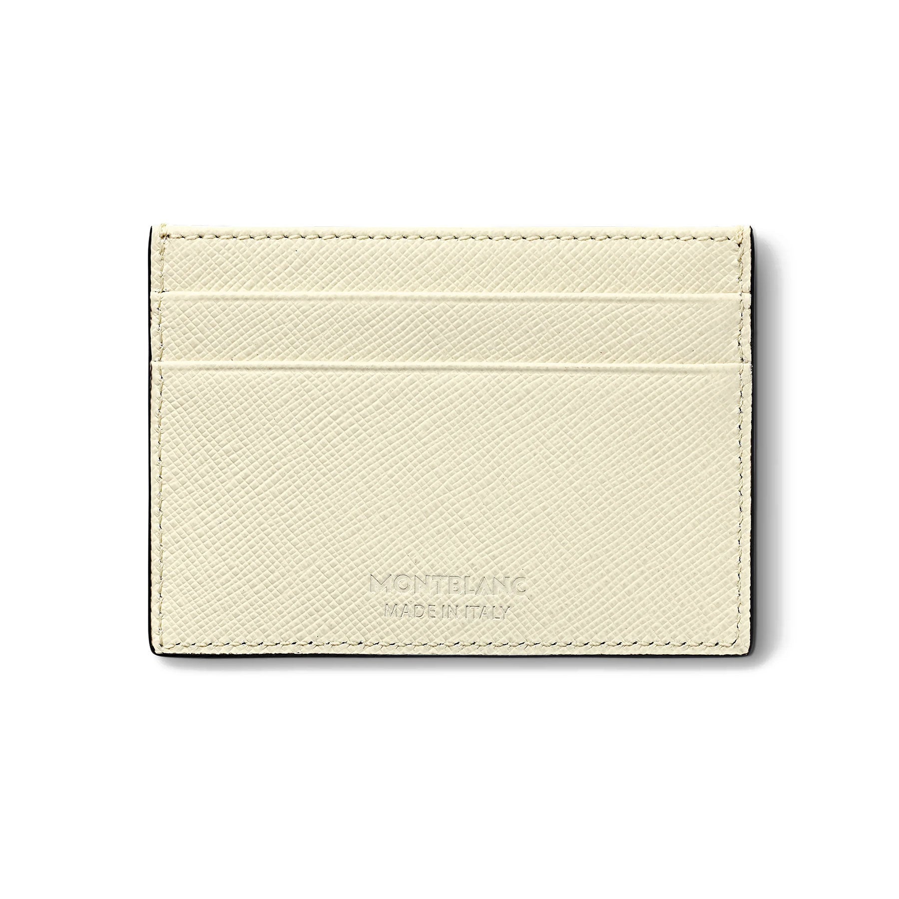 An ivory card holder from the Montblanc Sartorial collection features a saffiano-printed leather design with three card slots on one side. The Montblanc emblem and "MADE IN ITALY" are discreetly embossed near the bottom against a plain white background.