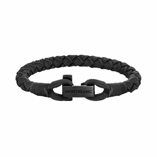 A Montblanc T-Hook Nylon Bracelet featuring a sleek rectangular metal clasp with the Montblanc logo, enhanced by a modern black PVD coating.