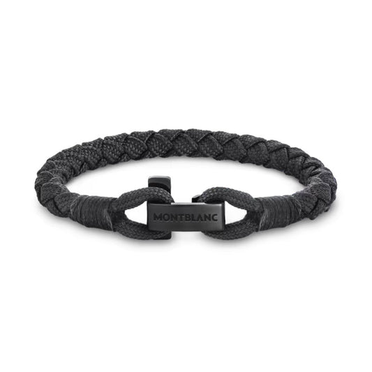 The Montblanc T-Hook Nylon & Steel Bracelet is a stylish accessory featuring a black braided design with a rectangular stainless steel clasp engraved with "MONTBLANC." Its modern appearance is enhanced by the textured details and a durable black nylon strap.