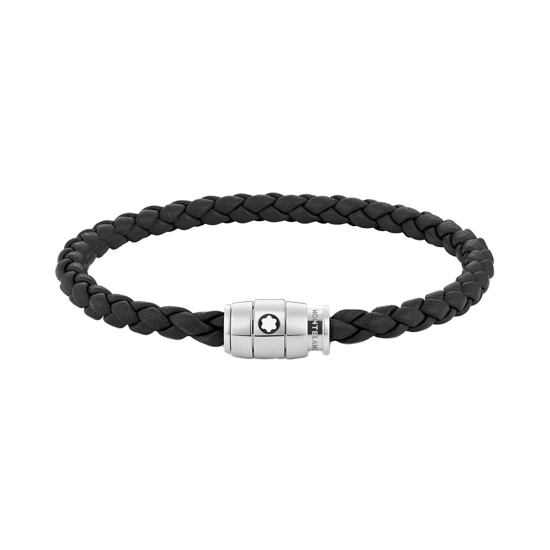 The Montblanc Meisterstuck 3 Rings Black Leather Bracelet features a polished stainless steel clasp with the iconic round Montblanc emblem. The elegant black leather and detailed metallic finish are showcased against a plain white background.