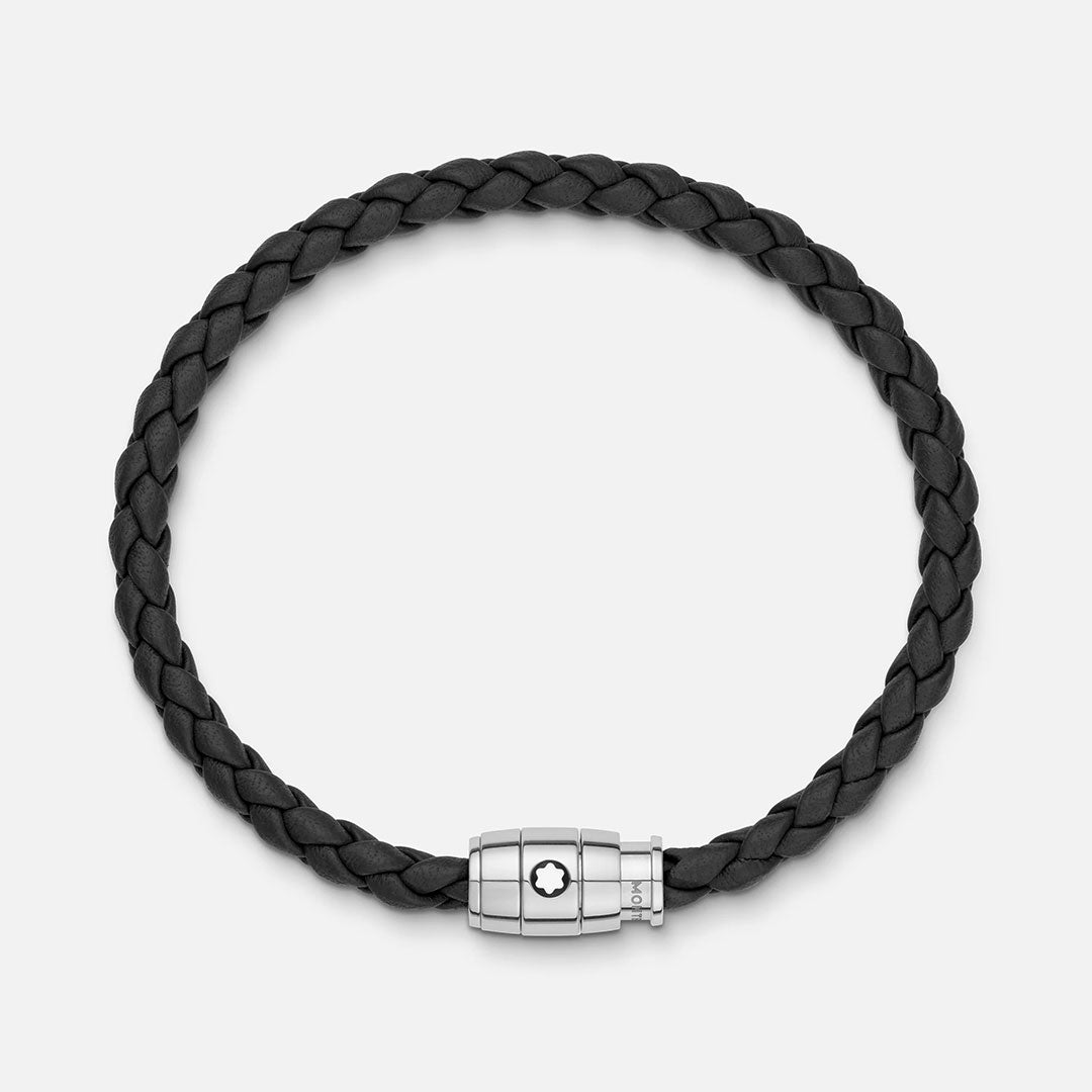 The Montblanc Meisterstuck 3 Rings Black Leather Bracelet features a stainless steel clasp adorned with the signature star emblem, showcased against a plain light background.