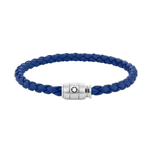 The Montblanc 3 Rings Closing Blue Leather Bracelet features a braided blue leather design and a sleek cylindrical silver clasp adorned with a small star emblem, adding elegance and timeless style to this exquisite piece of jewelry.