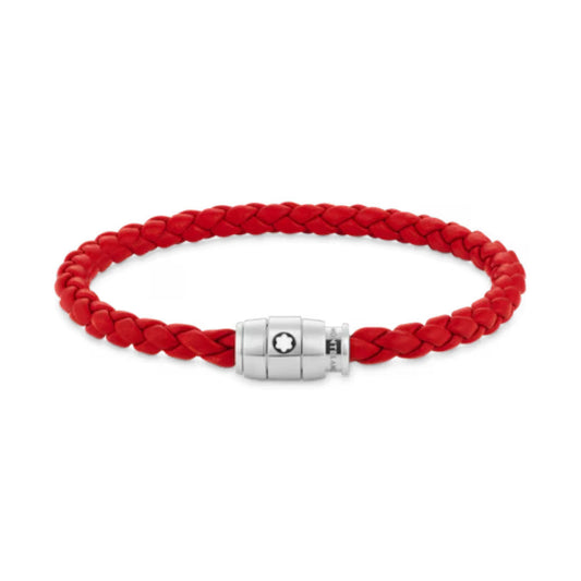 Presenting the Montblanc 3 Rings Closing Red Leather Bracelet, adorned with a vibrant red braided leather band and a sleek polished stainless steel clasp featuring a magnetic closure, artfully showcased against a pristine white backdrop.