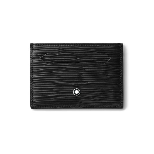 The Montblanc Meisterstück 4810 Black Card Holder 5CC Leather Wallet is crafted from high-quality black leather with a textured finish. It includes a distinctive round emblem featuring a white star at its bottom center, making it perfect for organizing your credit cards with elegance and style.