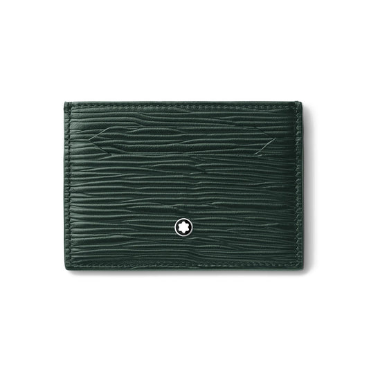The Montblanc Meisterstück 4810 5cc British Green Leather Card Holder, designed by Montblanc, showcases a textured wavy pattern on its high-quality dark green leather and is adorned with a small white circular Meisterstück 4810 emblem near the bottom center.