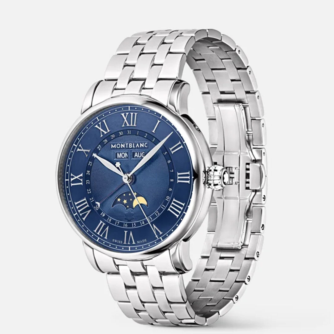 The Montblanc Star Legacy Full Calendar Automatic 42mm Watch by Montblanc features a captivating blue face with Roman numeral hour markers and a moon phase display. It includes a metal link bracelet and offers full calendar functions, displaying both the day and month, beautifully combining classic elegance with modern functionality.