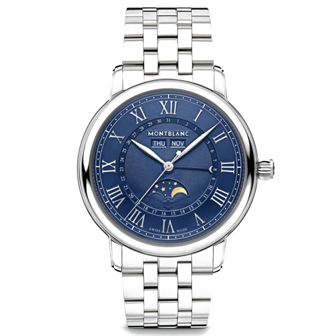 The Montblanc Star Legacy Full Calendar Automatic 42mm Watch by Montblanc features a blue dial adorned with Roman numerals, along with a comprehensive calendar showcasing the day, month, and a moon phase indicator. Its timeless design is enhanced by an interchangeable strap system and an elegant metal link bracelet.