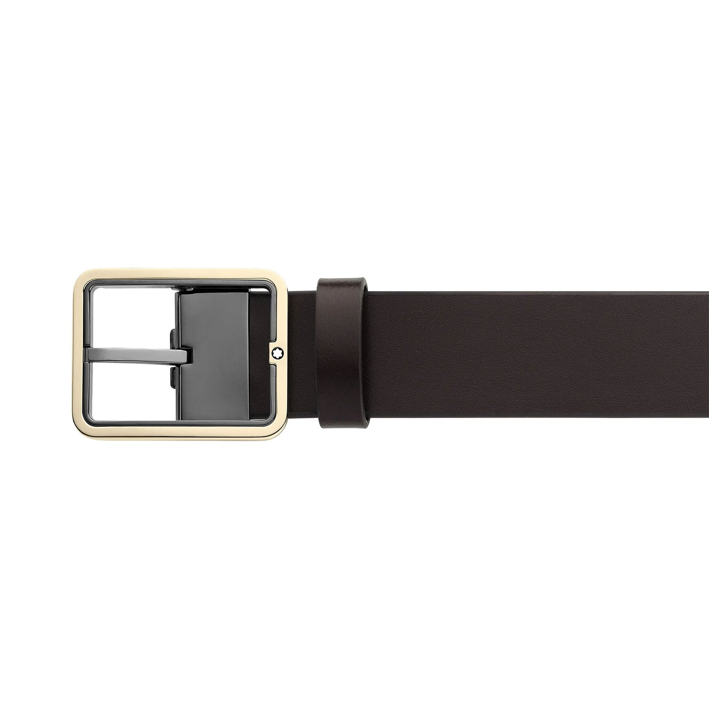 A Montblanc Reversible 35mm Black/Brown Leather Belt with a rectangular silver buckle, showcasing a modern and minimalist design, is displayed against a plain white background.