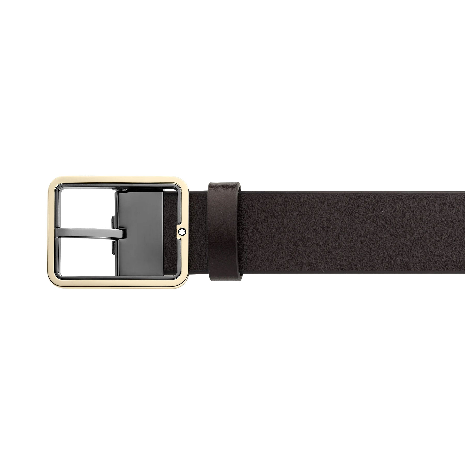 A Montblanc Reversible 35mm Black/Brown Leather Belt with a rectangular silver buckle, showcasing a modern and minimalist design, is displayed against a plain white background.