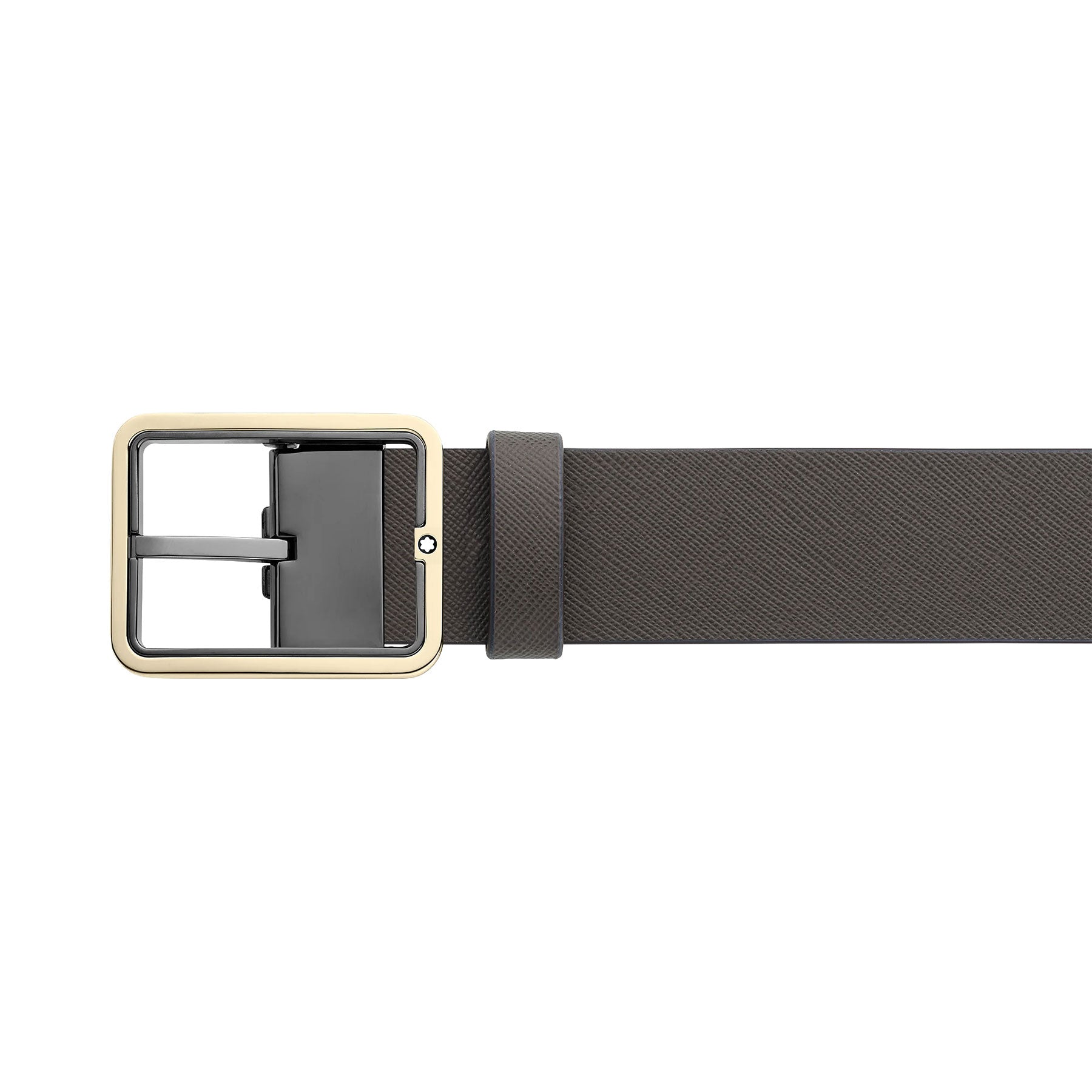 A black or brown leather belt from Montblanc, featuring a reversible design with a gold rectangular buckle.
