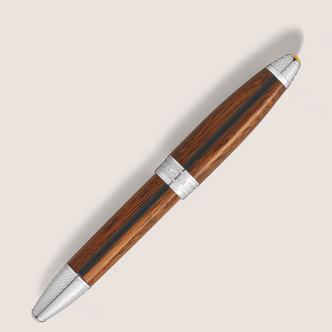 The Montblanc Meisterstuck Great Masters Ferrari Tailor Made Classica Special Edition Fountain Pen features a wood-grain body, silver tips and band, displayed diagonally on a light beige background.