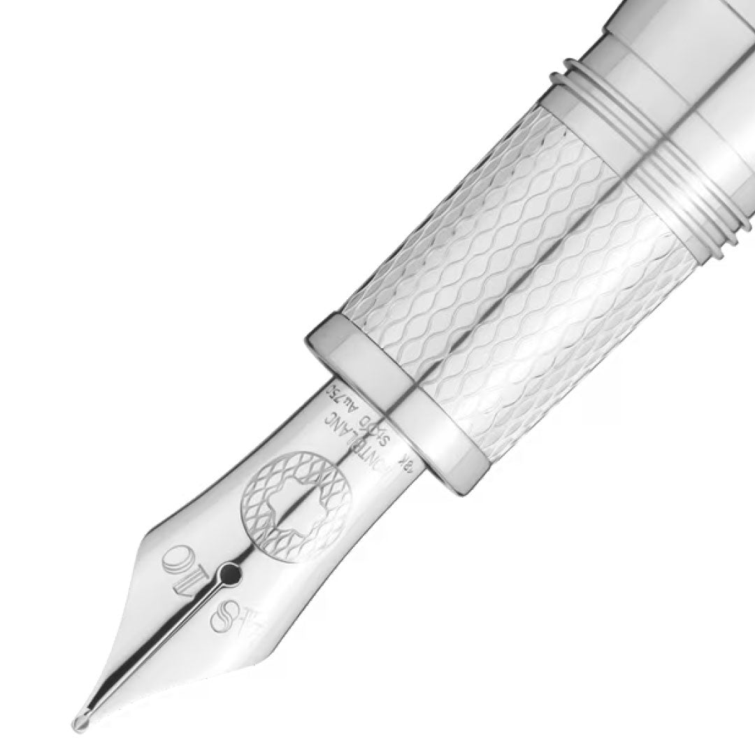 Close-up of the Montblanc Meisterstück Great Masters Ferrari Tailor Made Classica Special Edition Fountain Pen, showcasing the intricate engravings and textured grip on its silver nib.
