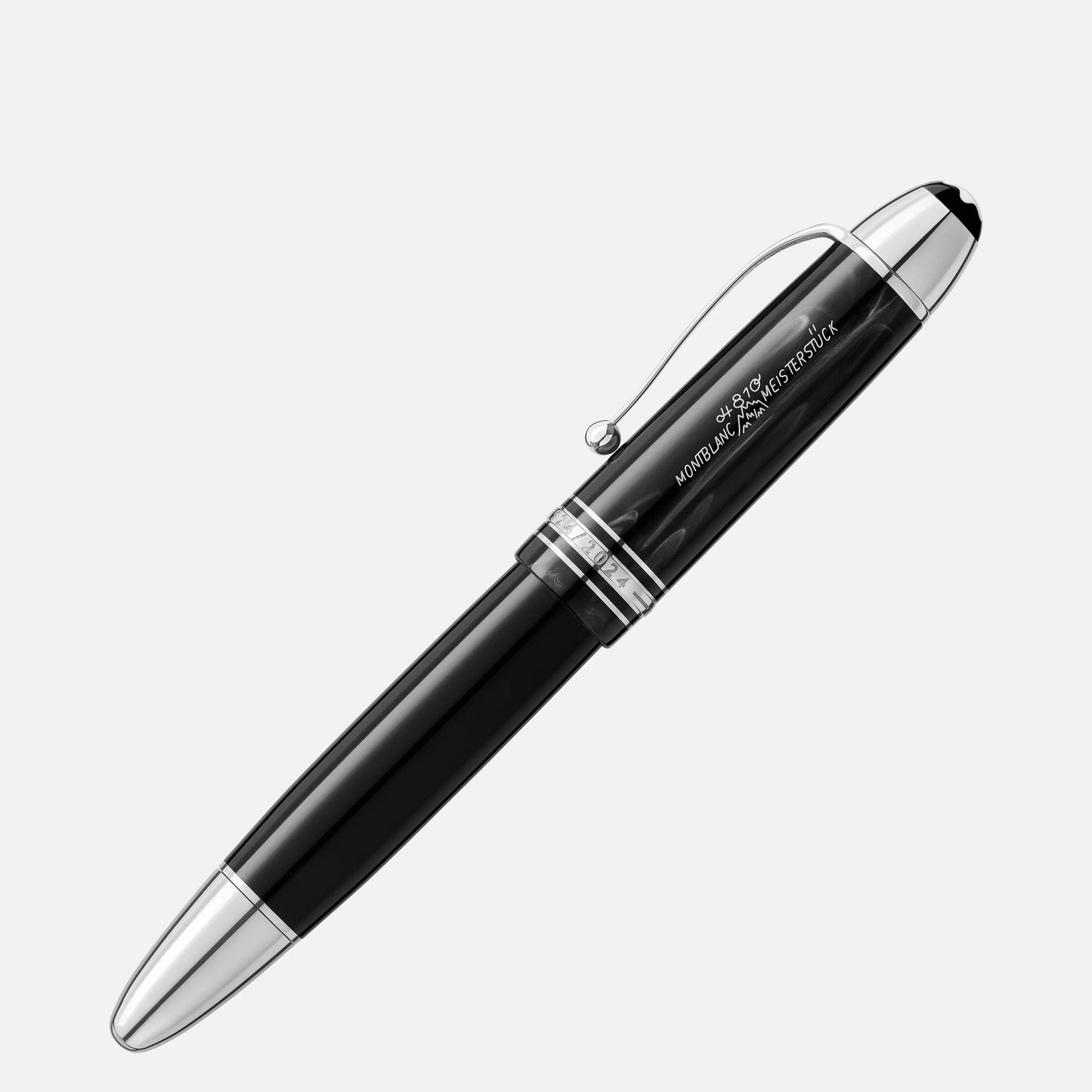 A sleek Montblanc Meisterstuck The Original Collection 149 Fountain Pen M, featuring a black design with silver accents and a clip, is showcased against a white background.