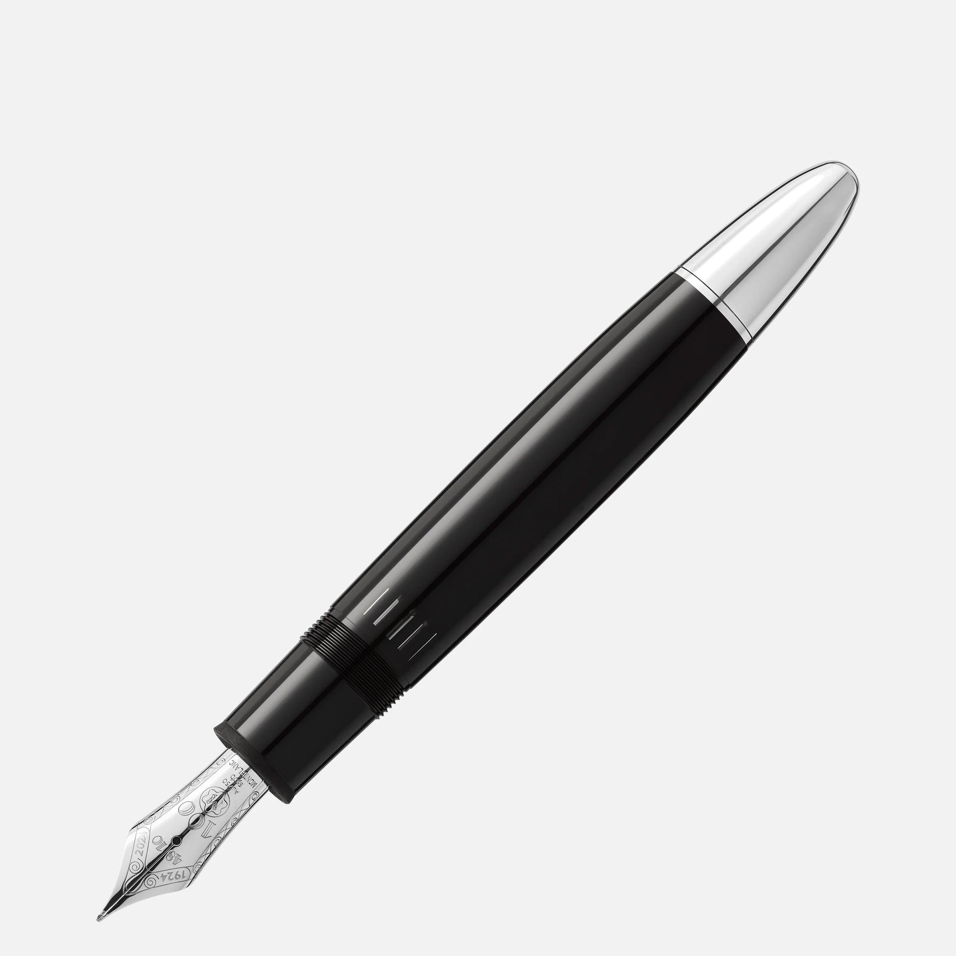 A Montblanc Meisterstuck The Original Collection 149 Fountain Pen M in sleek black with a silver cap and nib is positioned horizontally against a plain white background, highlighting its elegant design and metallic details.