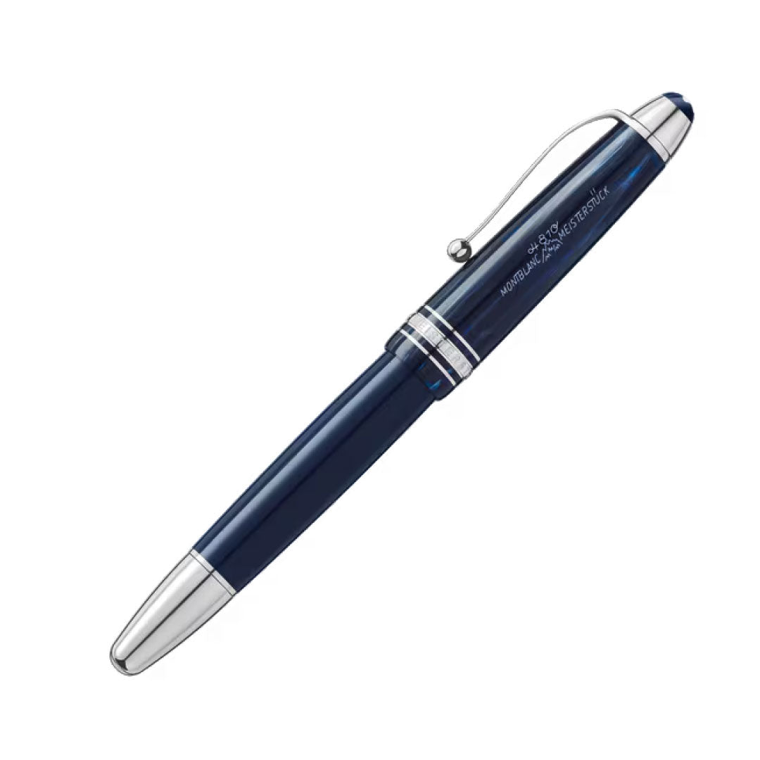 The Montblanc Meisterstück The Origin Collection Legrand Fountain Pen M features a dark blue finish with silver accents, a clip, and an engraved Montblanc logo on the cap—a refined choice for collectors.