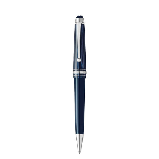 This elegant writing instrument, the Montblanc Meisterstück The Origin Collection Midsize Ballpoint Pen, features a sleek navy blue design with silver accents and a silver clip, showcased on a white background.