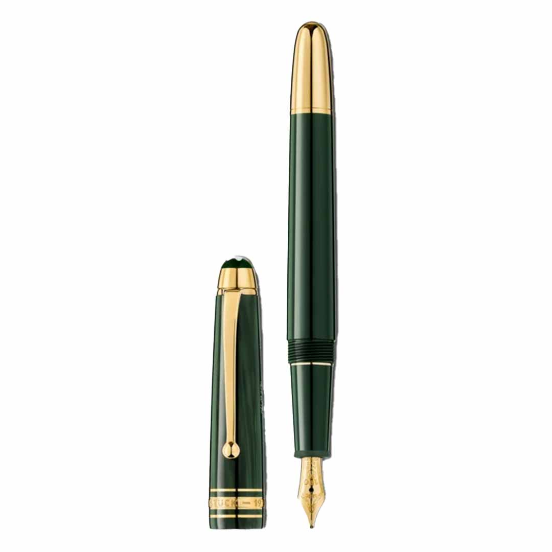 A Montblanc Meisterstuck The Origin Collection Classique fountain pen with gold trim and a cap placed beside it showcases a gleaming gold nib and elegant detailing, conveying an aura of luxury and sophistication.