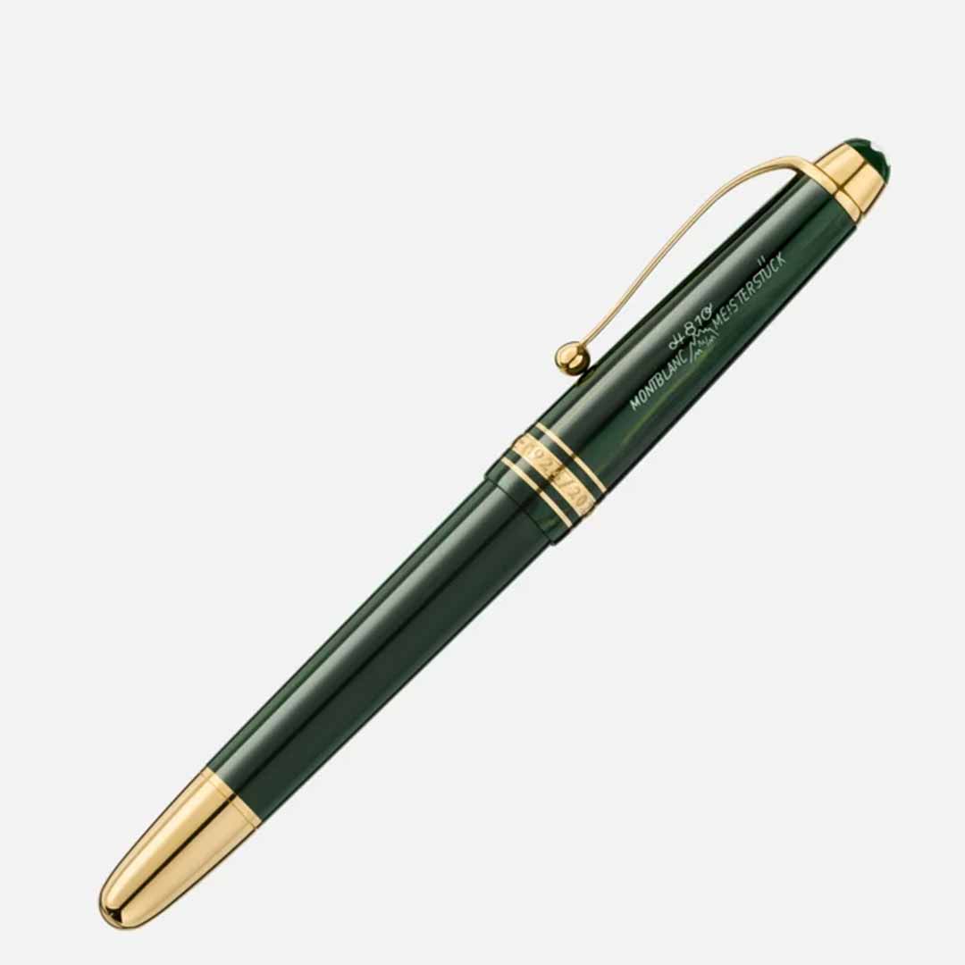 The Montblanc Meisterstück The Origin Collection Classique Fountain Pen features a refined writing experience with its dark green barrel and gold accents, showcasing a sleek classic design with an elegant clip, all beautifully displayed against a plain white background.