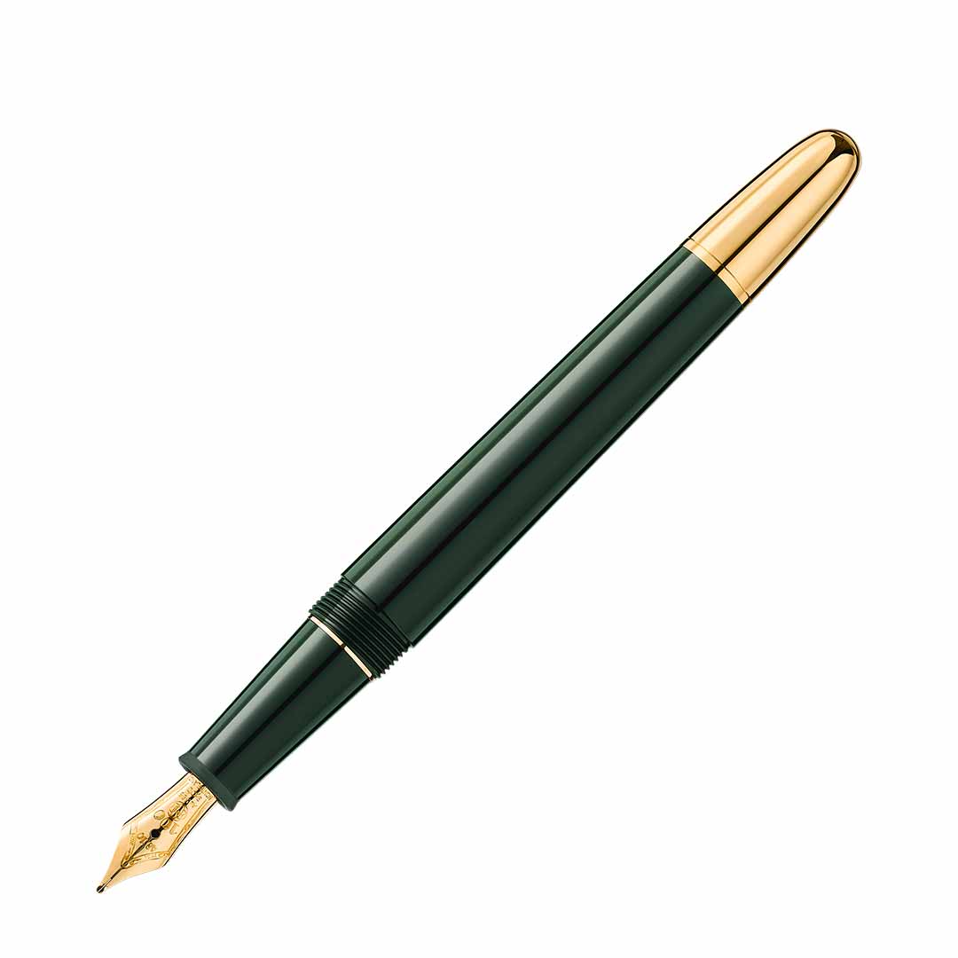 The Montblanc Meisterstück The Origin Collection Precious Resin Fountain Pen Classique M in green, adorned with gold accents including a gold nib, is displayed against a white background. This exquisite writing instrument has its cap positioned on the right side, showcasing a gleaming gold clip.