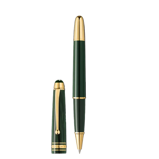 The Montblanc Meisterstück The Origin Collection Classique Rollerball Pen, a luxury item from Montblanc, is presented against a white background. This exquisite green pen with gold accents showcases a stylish cap beside it, unveiling its fine point tip.