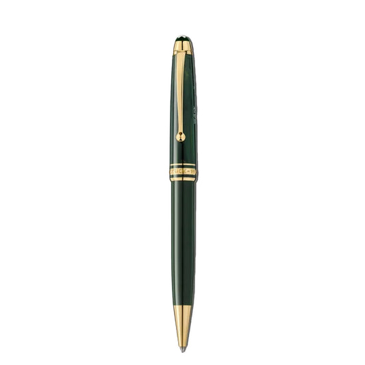 A sophisticated Montblanc Meisterstück The Origin Collection Classique Green Ballpoint Pen, adorned with elegance through its gold accents and equipped with a clip and twist mechanism, stands vertically against a white background.