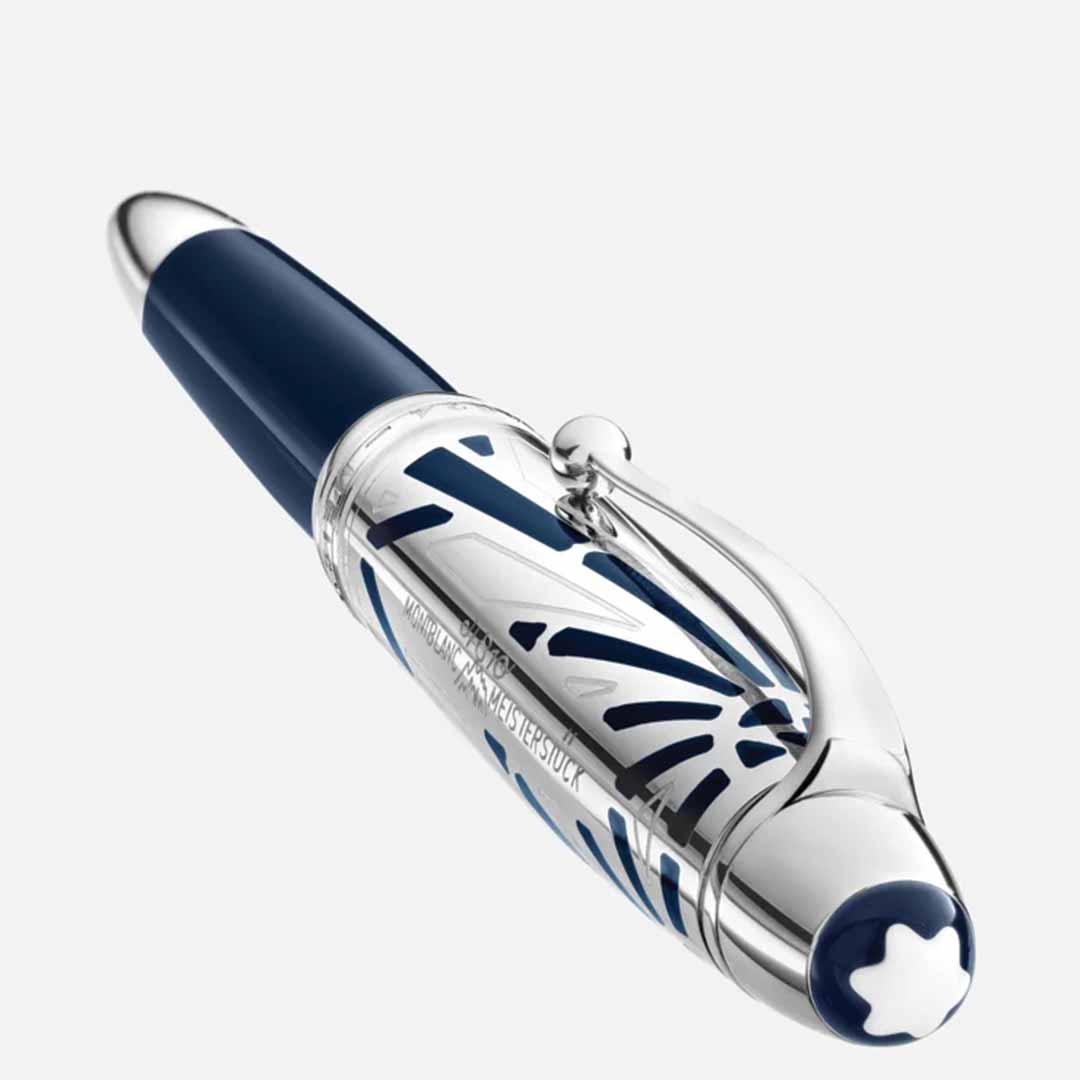 Introducing the Montblanc Meisterstück The Origin Collection Doue Le Grand Rollerball Pen, a luxurious writing instrument that showcases a striking blue and silver design. With its intricate patterns on the barrel, this pen is adorned with a cap featuring a rounded silver top and iconic star emblem. Its elegantly styled clip further elevates its sophisticated appearance.