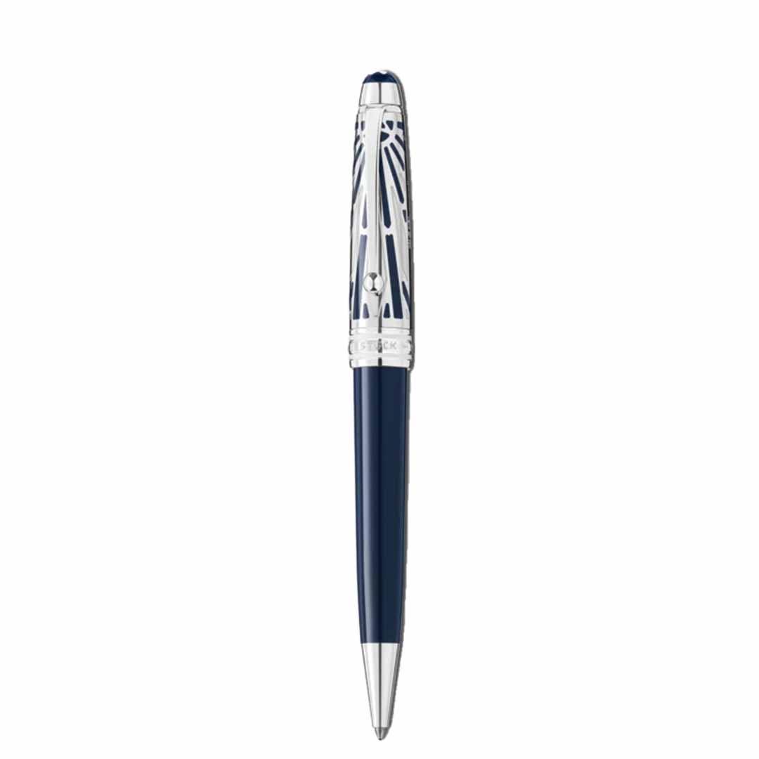 The Montblanc Meisterstück The Origin Collection Doue Midsize Ballpoint Pen, distinguished by its blue and silver hues along with the intricate detailing on the cap, exemplifies a sleek and elegant design as a fine writing instrument.