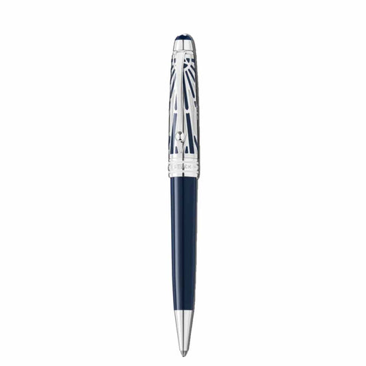 The Montblanc Meisterstück The Origin Collection Doue Midsize Ballpoint Pen, distinguished by its blue and silver hues along with the intricate detailing on the cap, exemplifies a sleek and elegant design as a fine writing instrument.