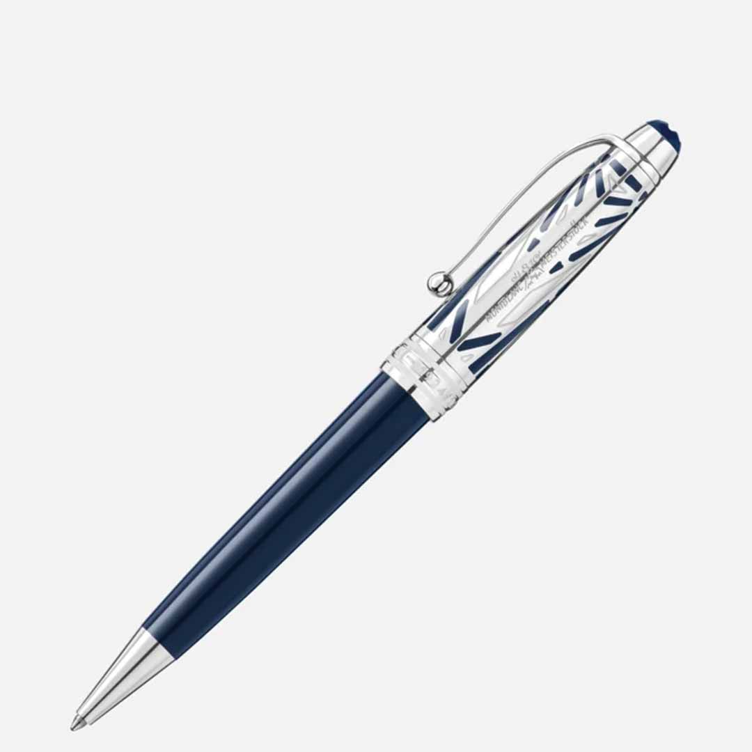 The Montblanc Meisterstuck The Origin Collection Doue Midsize Ballpoint Pen features a sleek navy blue body with a metallic silver clip and intricate decorative patterns on the cap, epitomizing the excellence of a fine writing instrument, set against a plain white background.