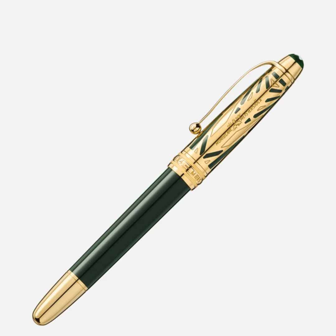 Introducing the Montblanc Meisterstück The Origin Collection Doue Classique Rollerball Pen, a luxurious writing instrument designed by Montblanc. This pen features a dark green barrel complemented by gold accents and showcases intricate Art Déco-inspired leaf patterns on its cap. It is elegantly finished with a gold clip and tip, all set against a plain white background.
