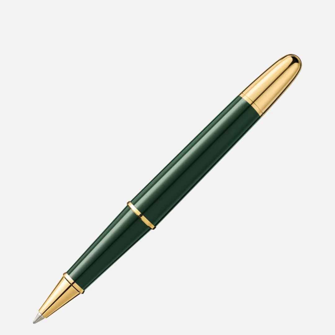 The Montblanc Meisterstück The Origin Collection Doue Classique Rollerball Pen, featuring a sleek dark green design with gold accents on the tip, clip, and end against a plain white background, evokes Art Déco aesthetics. Its polished elegance makes it a fine writing instrument that exudes luxury.